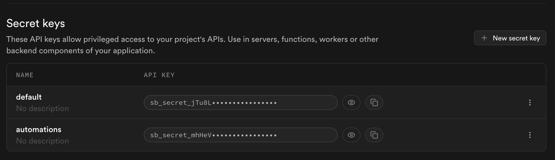 A secret key named "automations" listed under Secret keys in the Supabase dashboard.